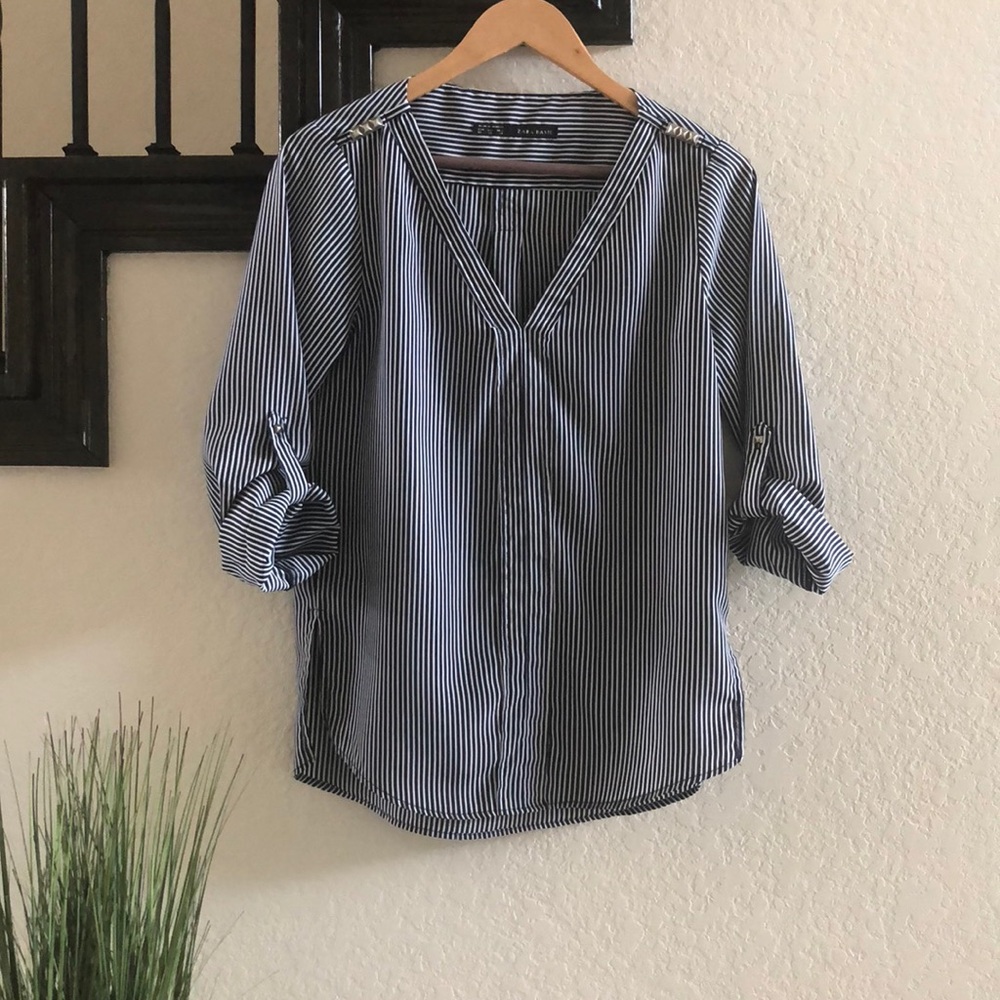 ZARA striped navy blue and white blouse.